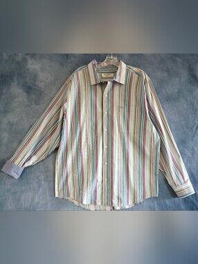 Tommy Bahama Shirt Mens XL Button Blue Pink Striped Pima Cotton Long Sleeve Peru